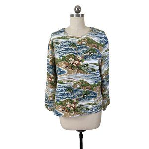 Netty VTG Y2K Womens Top Large Hawaiian Fleece Palm Tree Beach Long Sleeve